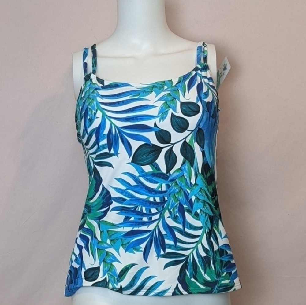 Sunsets Seascape Taylor Tankini Top in Blue and White Palm Print size 32DD